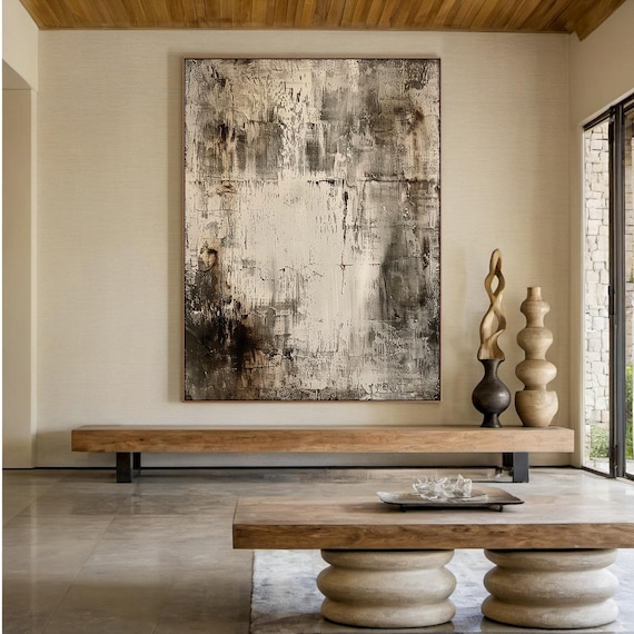 Large Gray Abstract Painting, Modern Living Room Decor
