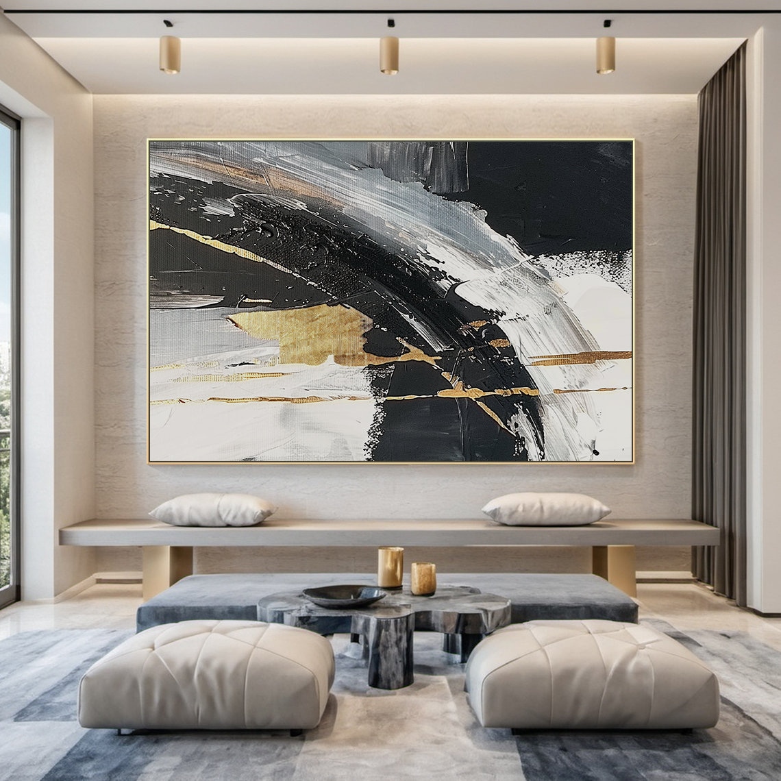 Black and White Abstract Oil Painting, Office Art Print - Image 5