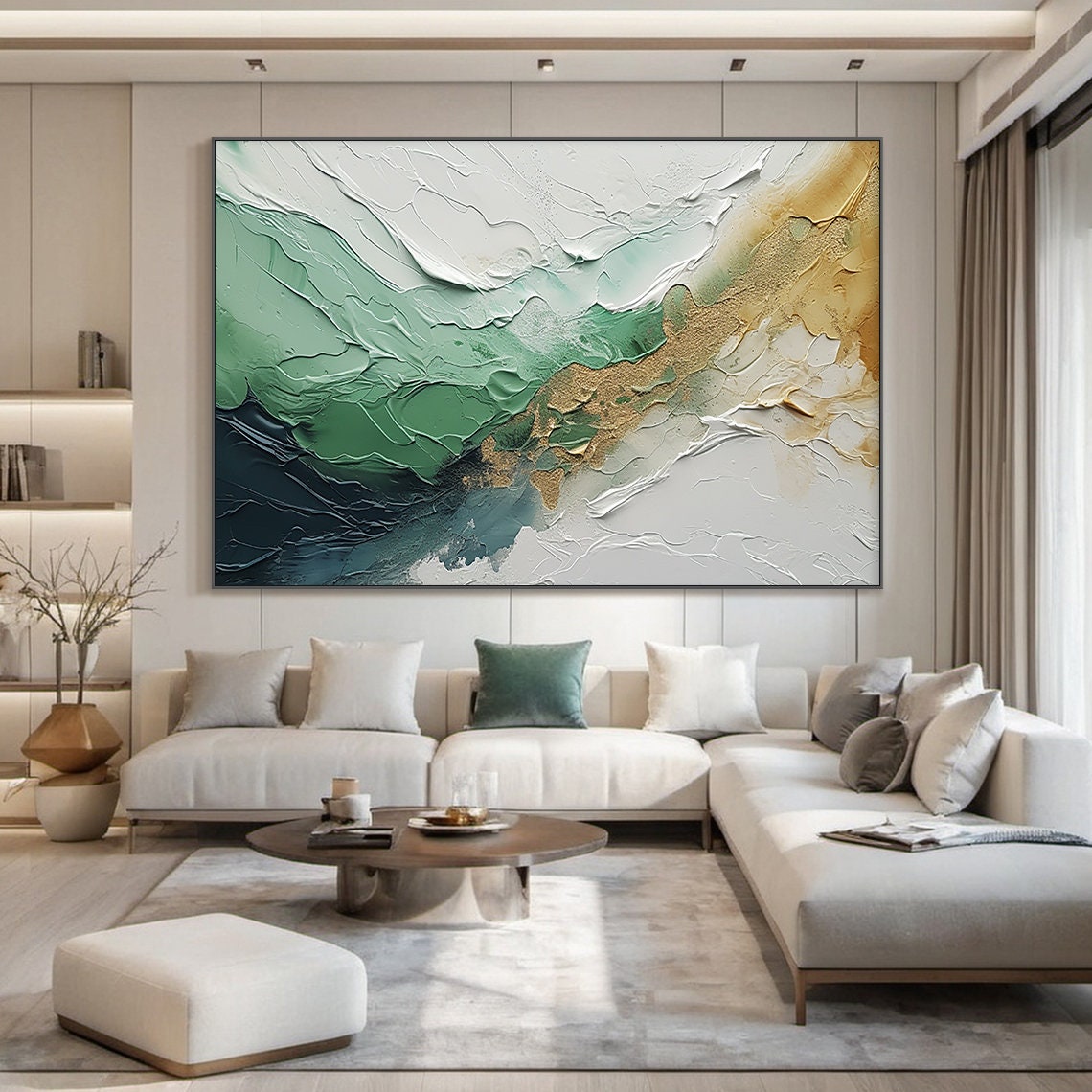 Emerald Green White Gold Wave Texture Abstract Ocean Painting Wall Art - Image 5