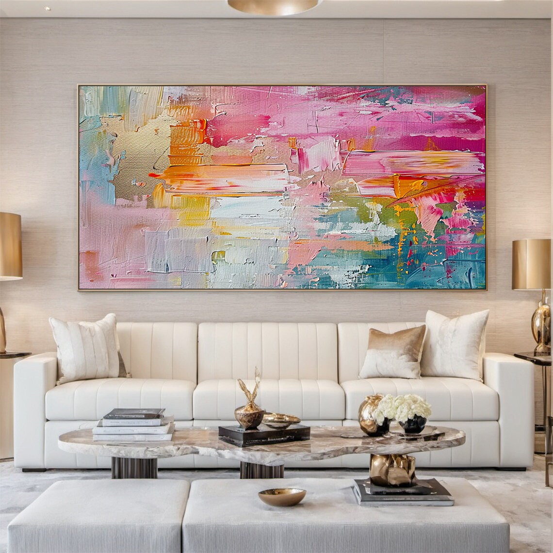 Pink Abstract Oil Painting, Modern Office Art Print - Image 2