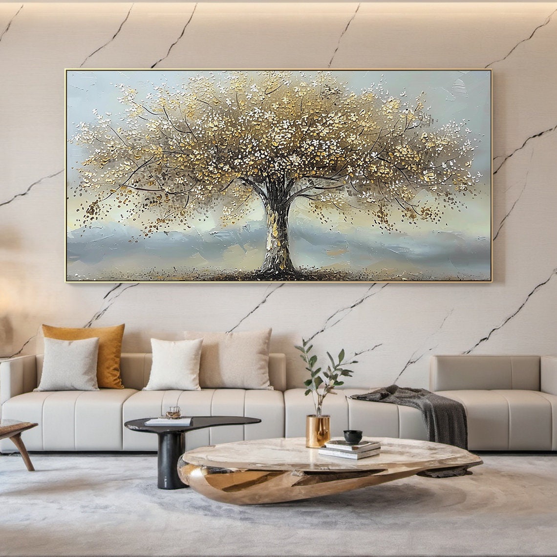 Golden Tree Of Life Blossom On Grey Blue Textured Canvas Poster - Image 2