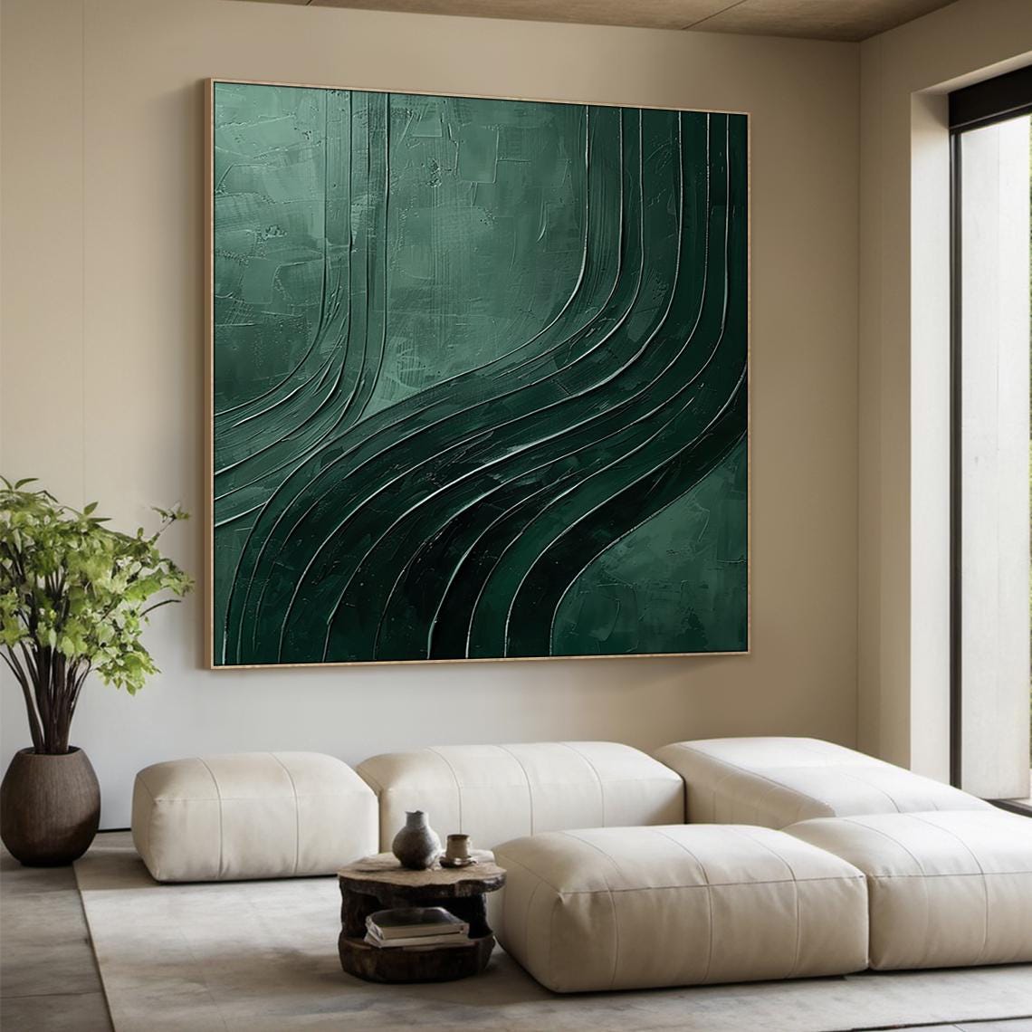 Emerald Green Flowing Curved Lines Minimal Abstract Living Room Poster - Image 2