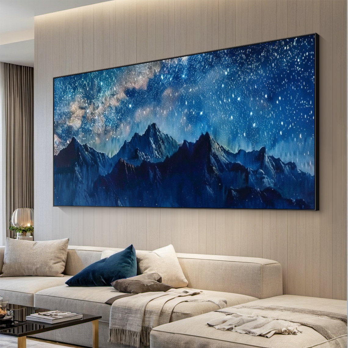 Mountain Starry Sky Painting Large Blue Night Scene Oil Painting Blue Wall Decoration Art Modern Natural Living Room Decoration - Image 5