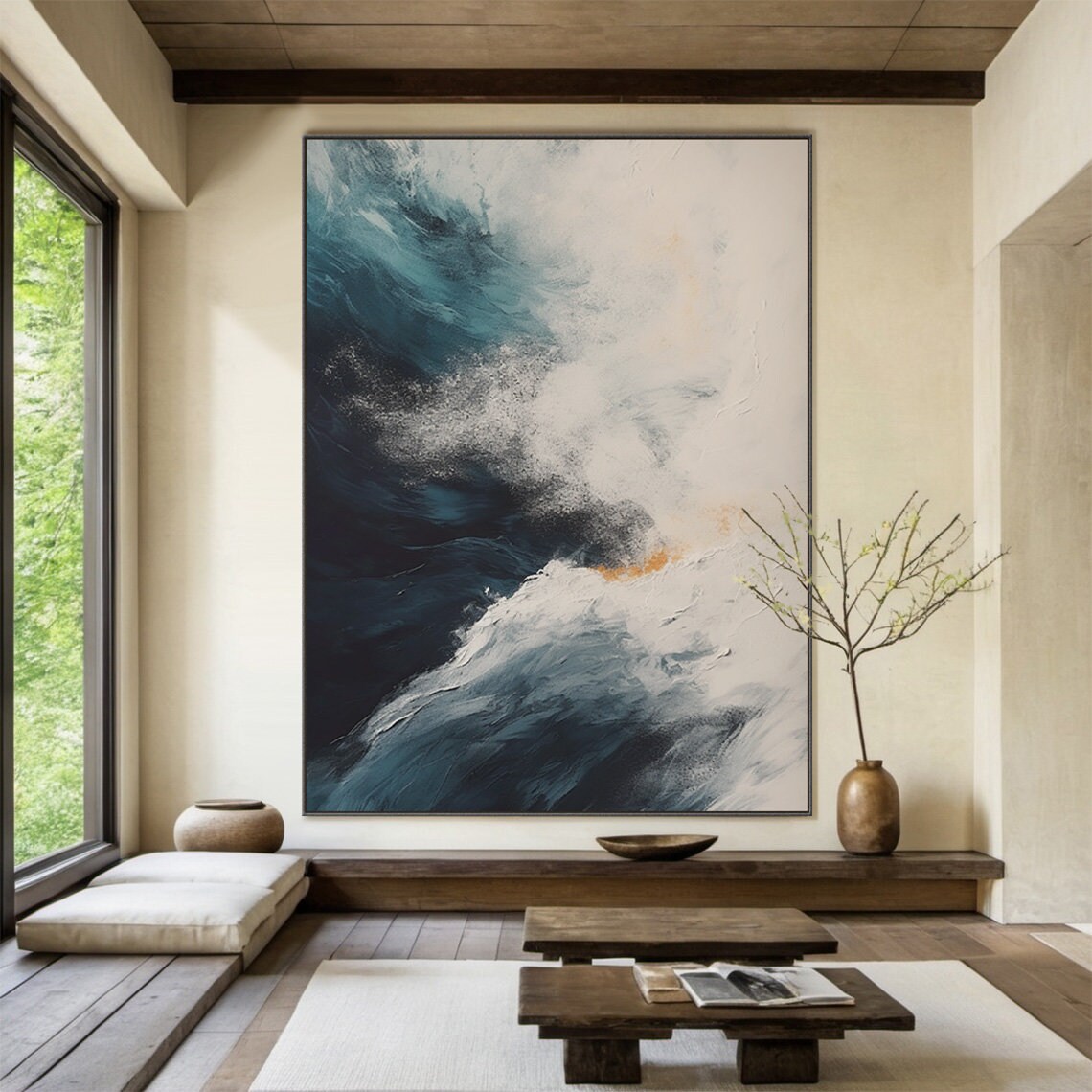 Blue Ocean Wave Abstract Art Print, Living Room Decor