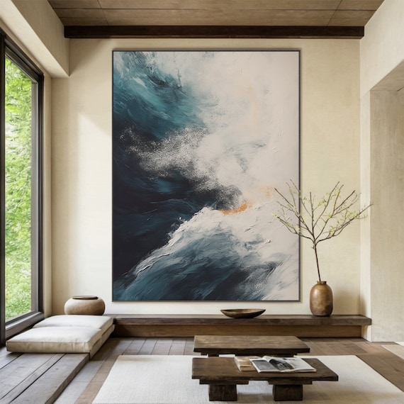 Blue Ocean Wave Abstract Art Print, Living Room Decor