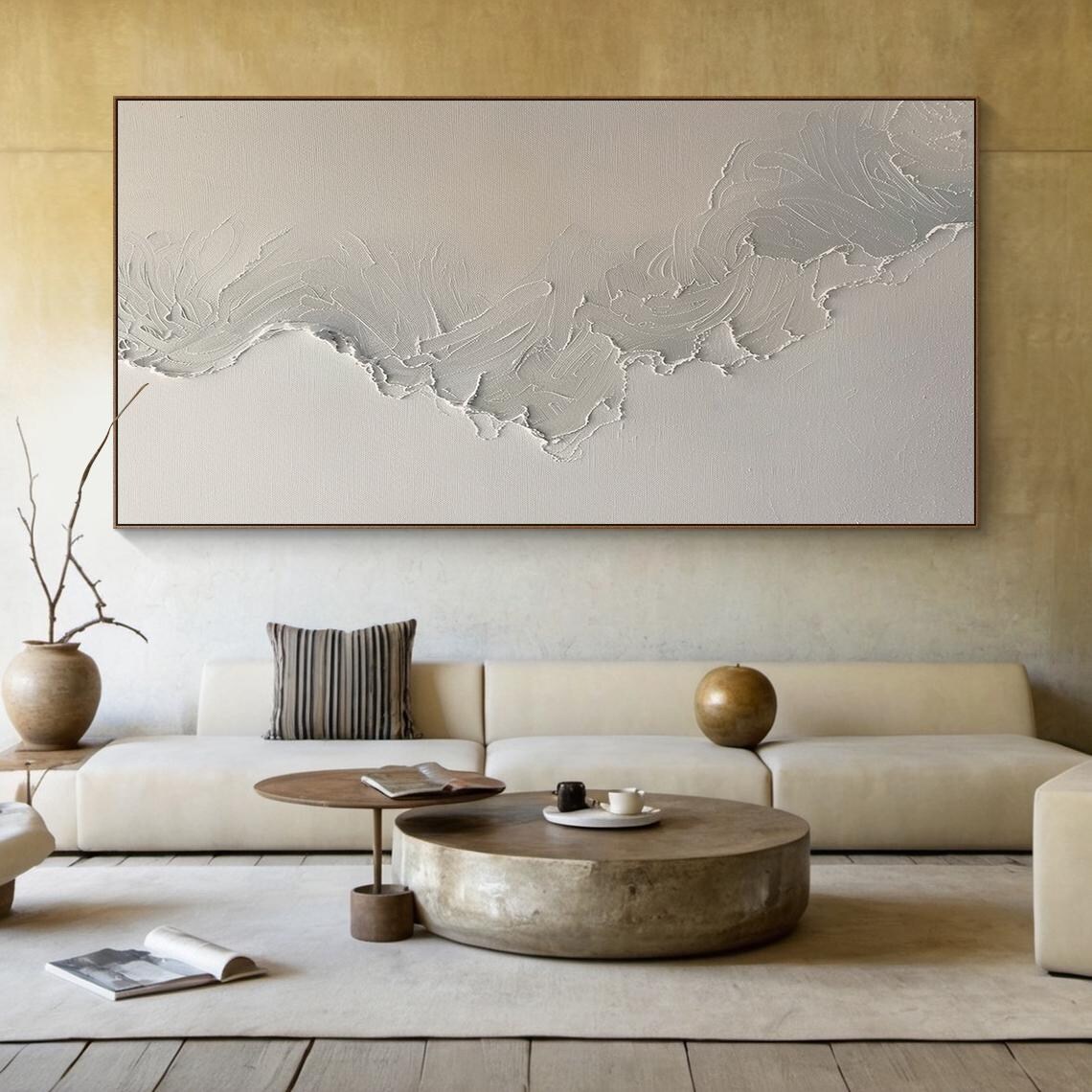 Beige Khaki Abstract Painting Wavy Shoreline Line Minimalist Wall Art - Image 2