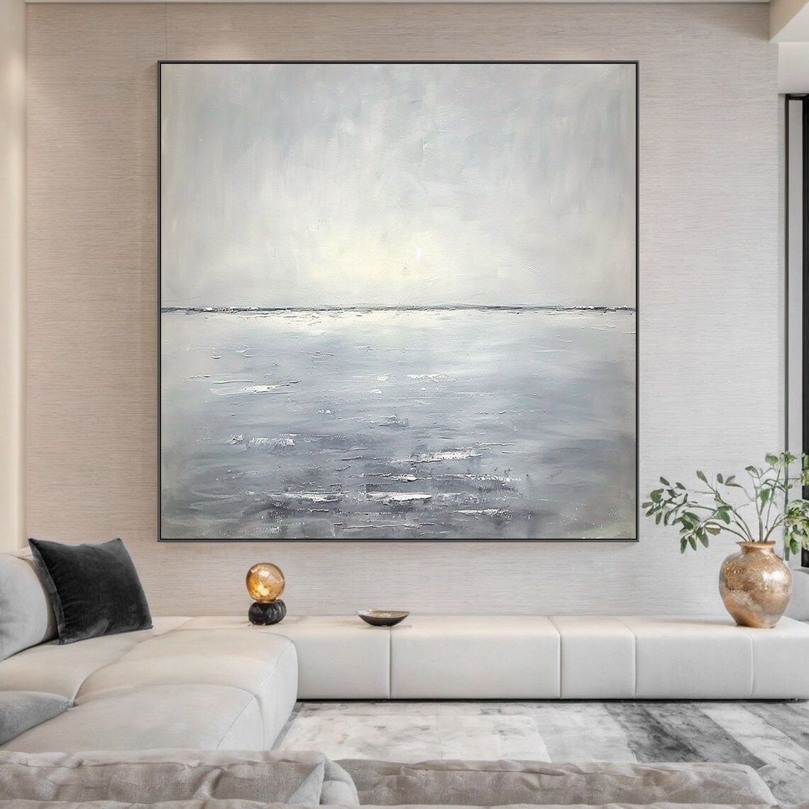 Grey Foggy Ocean Horizon Wide Seascape Minimalist Modern Poster - Image 2