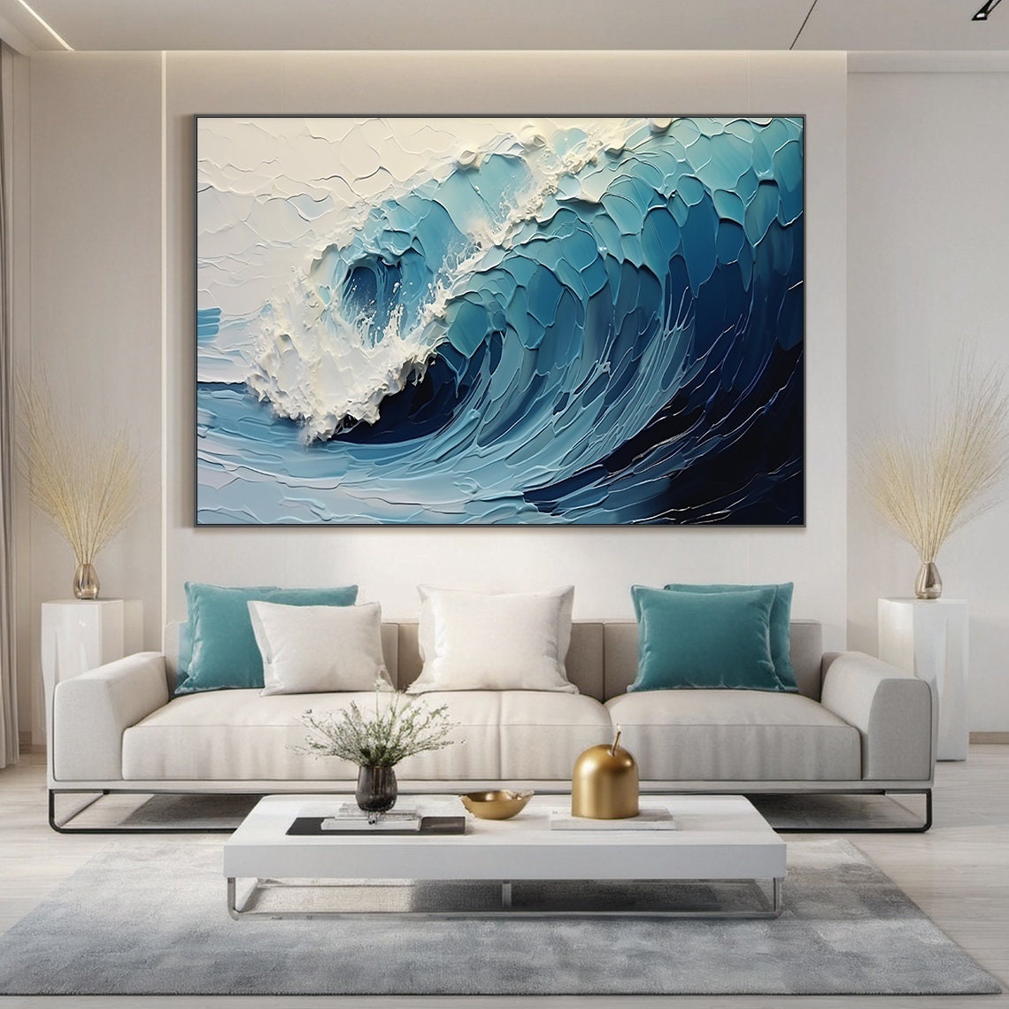 Deep Navy Blue Curling Wave White Foam Dramatic Ocean Painting Poster