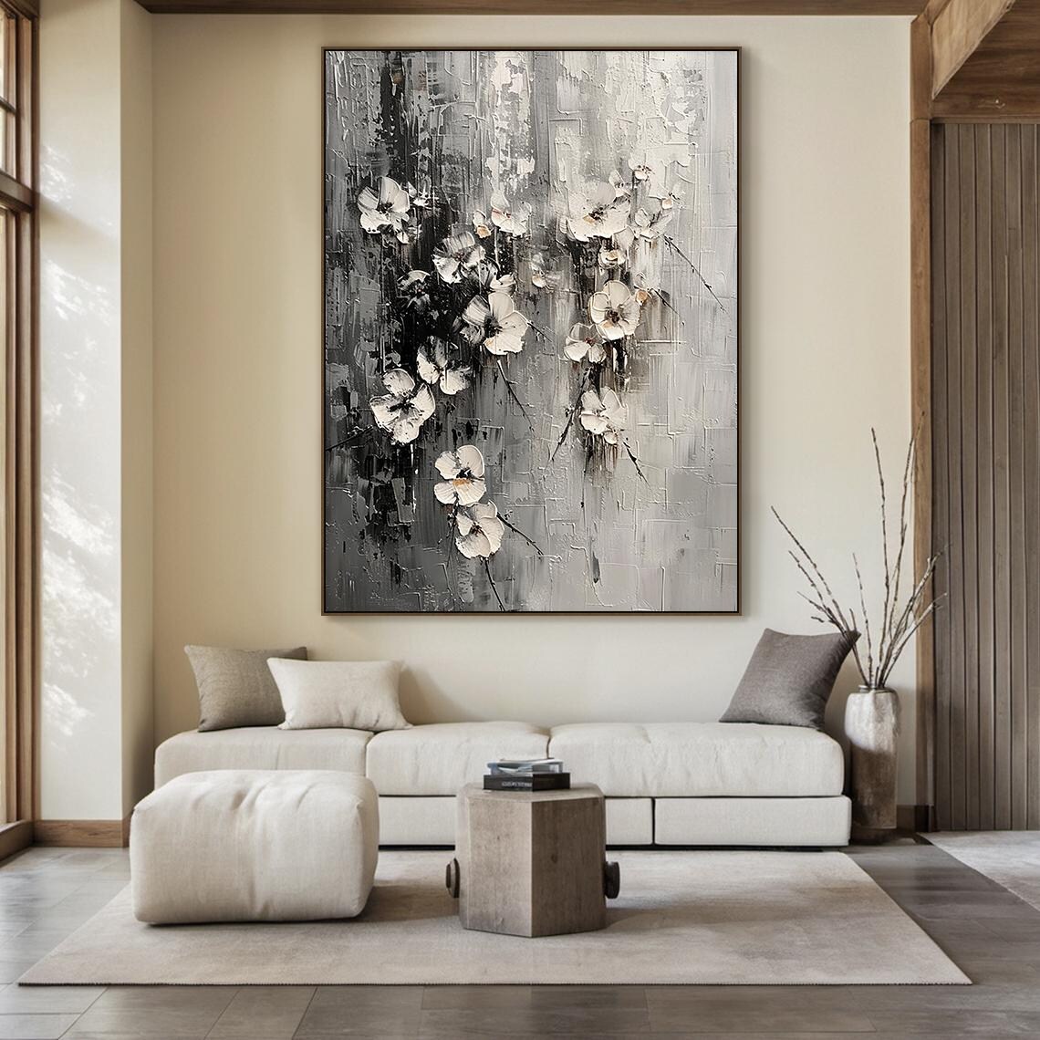 White Blossom Floral Abstract Painting Black Textured Wall Art Poster