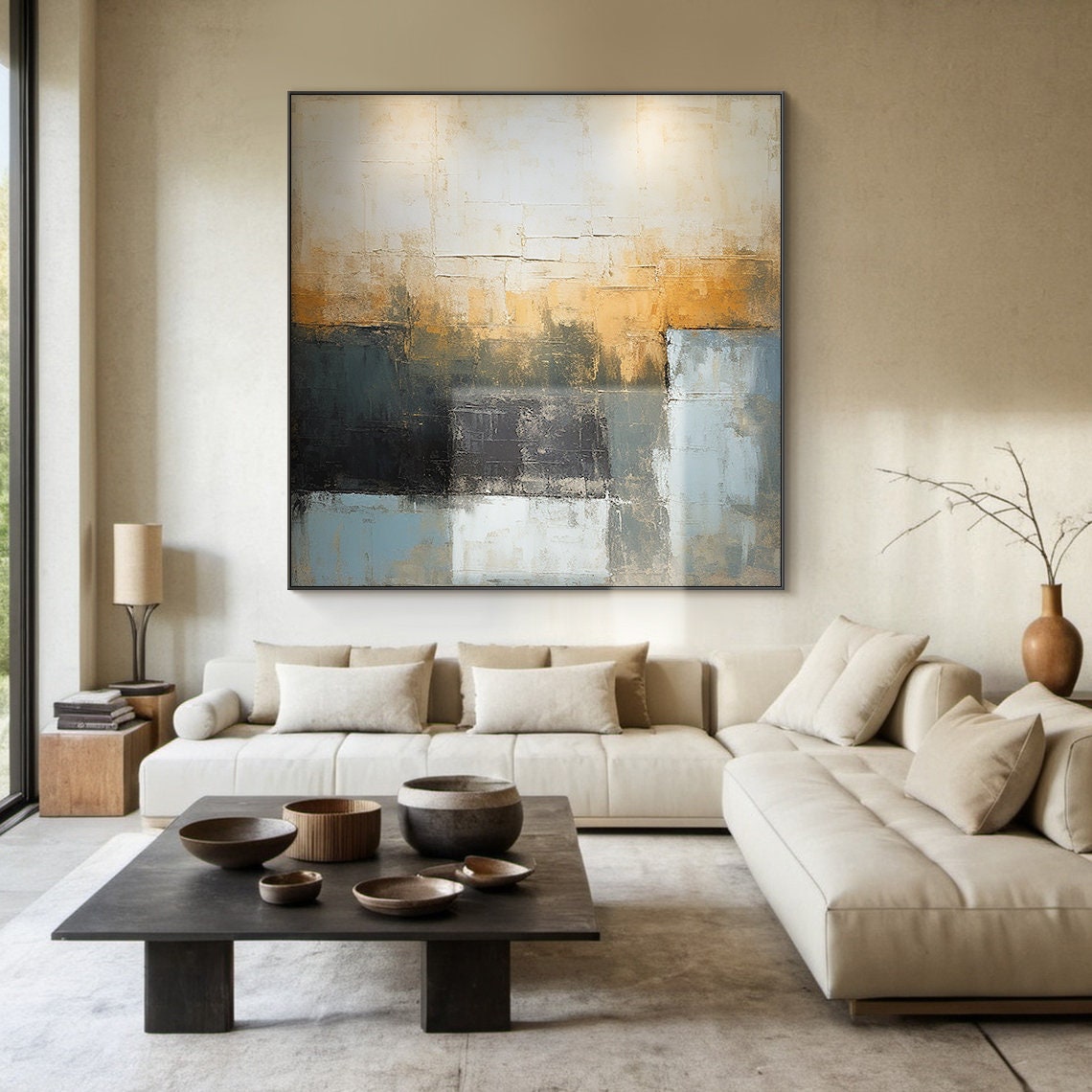 Golden Yellow Abstract Painting Dark Teal Textured Modern Art Poster - Image 5