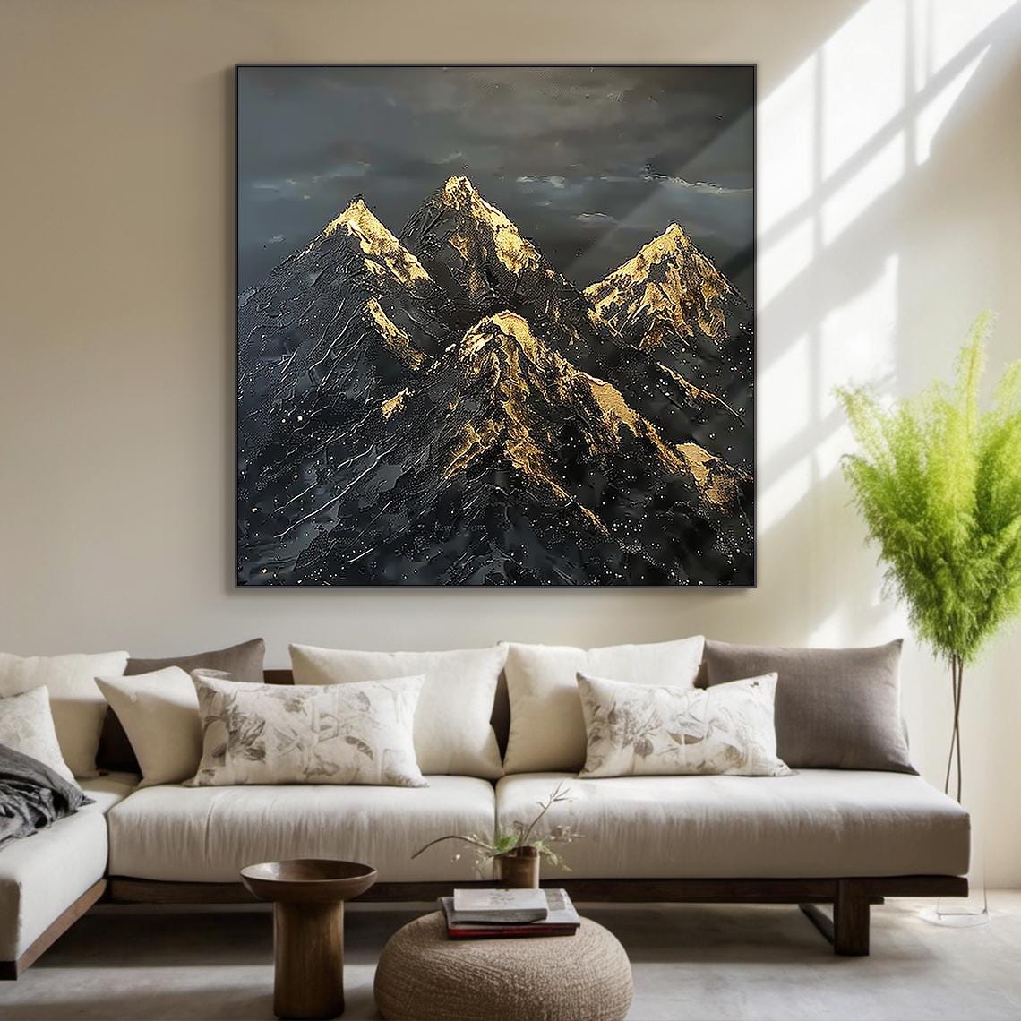 Large Black Abstract Mountains Oil Painting Gold Texture Mountains Sunrise Landscape Painting Modern Nature Living Room Wall Art - Image 6