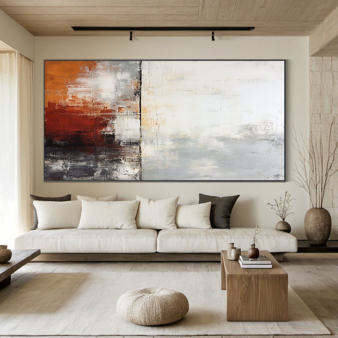 White Grey Abstract Painting Red Orange Black Bold Modern Wall Art - Image 4
