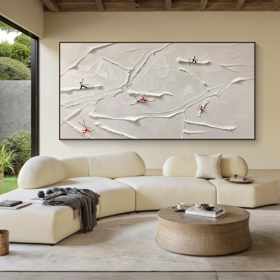 Original 3d Ski Sport Art Plaster Style Textured Wall Art Skier Gift Beige Snowboard Painting Modern Skier Landscape Painting