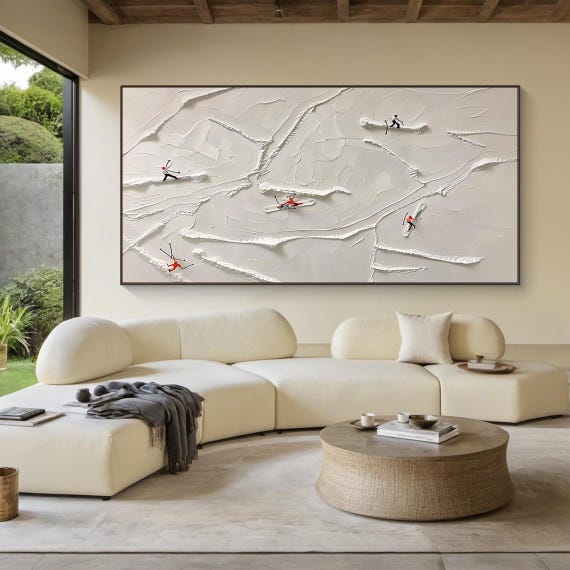 Original 3d Ski Sport Art Plaster Style Textured Wall Art Skier Gift Beige Snowboard Painting Modern Skier Landscape Painting