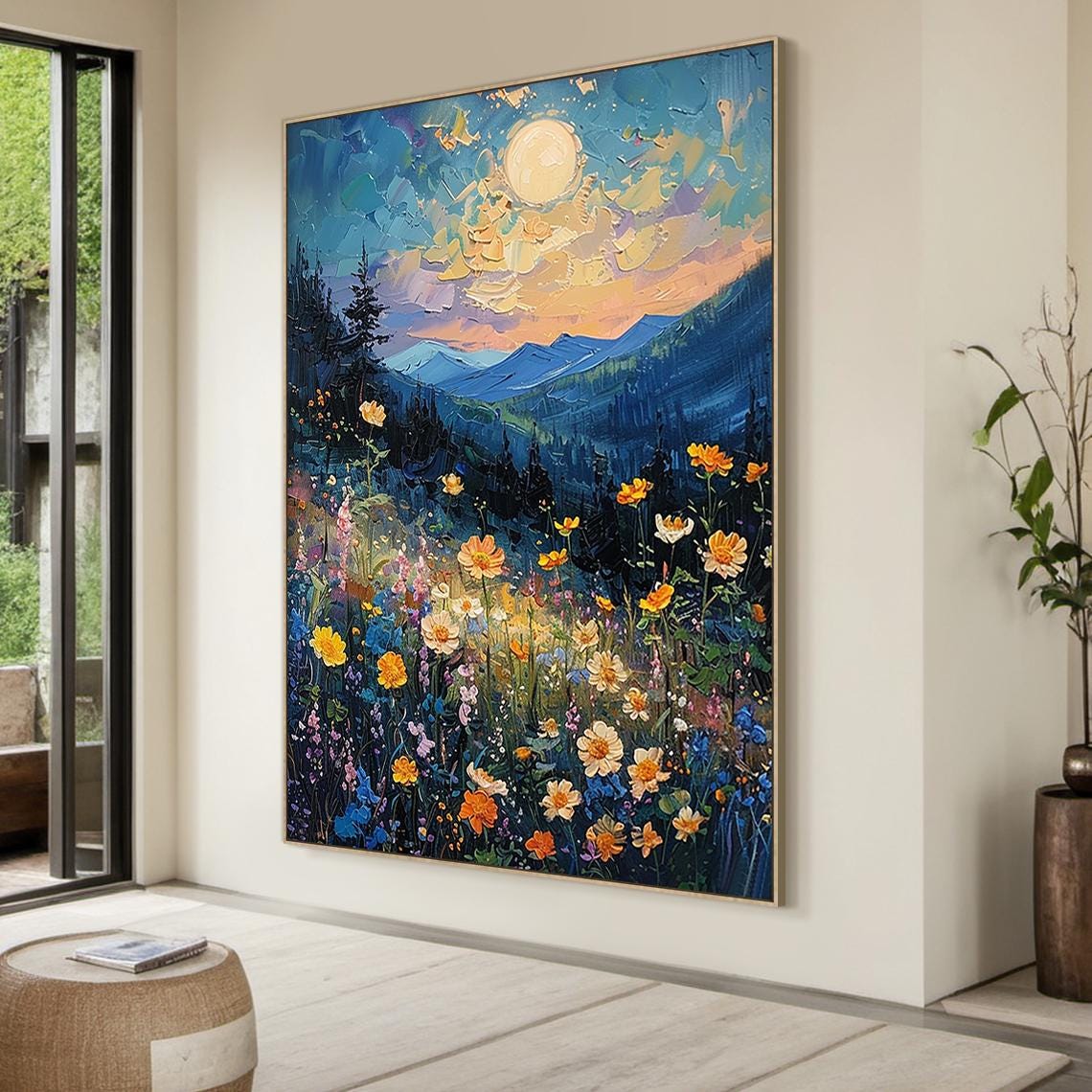 Sunlit Colorful Wildflower Meadow Blue Mountains Impasto Nature Poster - Image 5