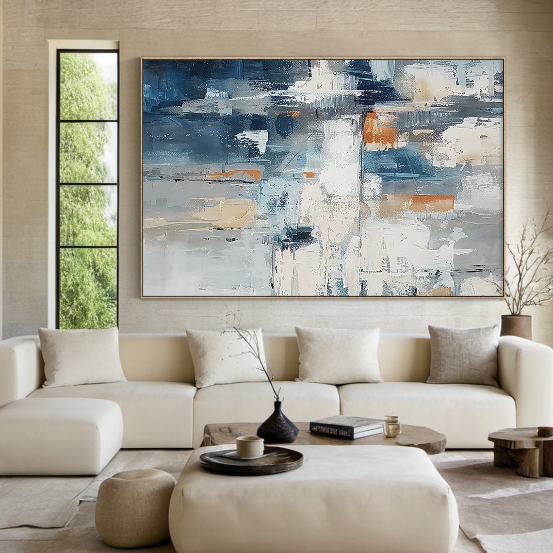 Blue Grey Abstract With Terracotta Blocks Textured Modern Poster - Image 3