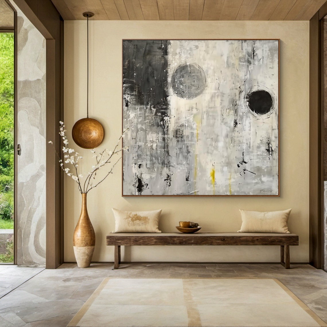 Black White Grey Abstract Circles Textured Minimalist Art Poster