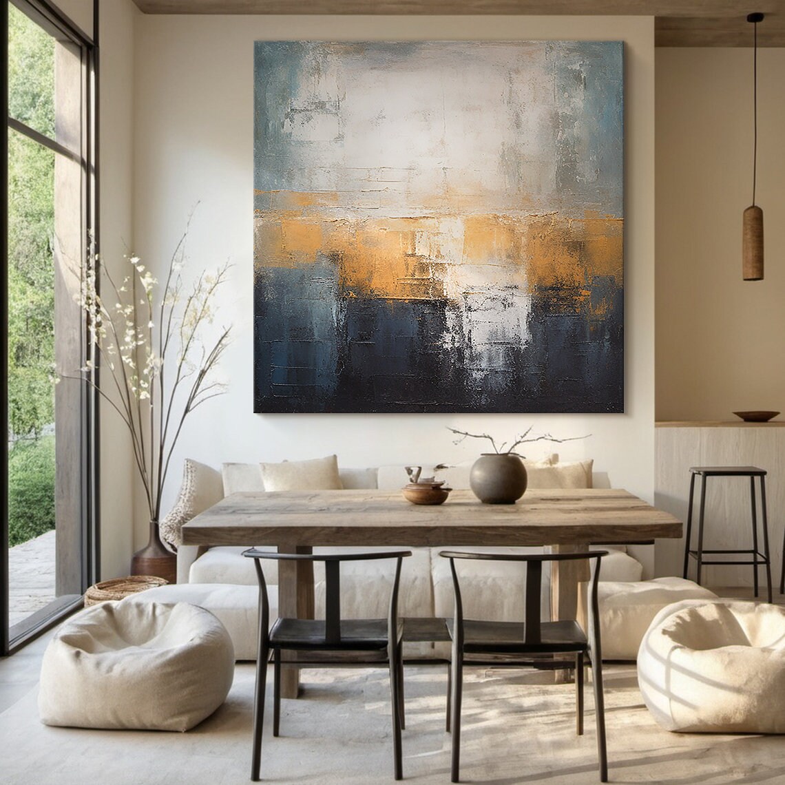 Gold Blue White Abstract Oil Painting Sunset Glow Vertical Wall Poster - Image 5
