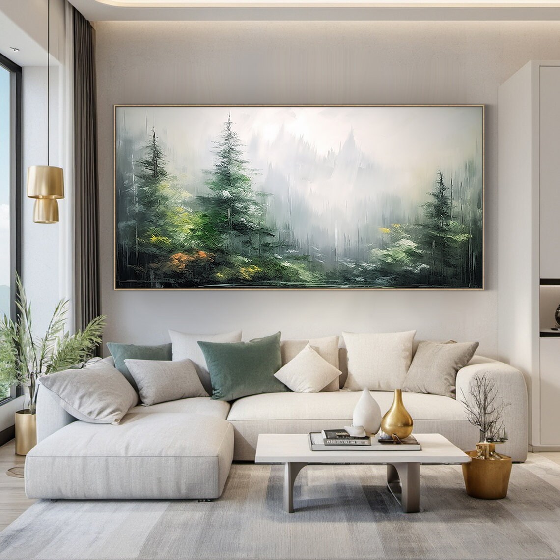 Misty Green Pine Forest Oil Painting Foggy Woodland Panoramic Poster