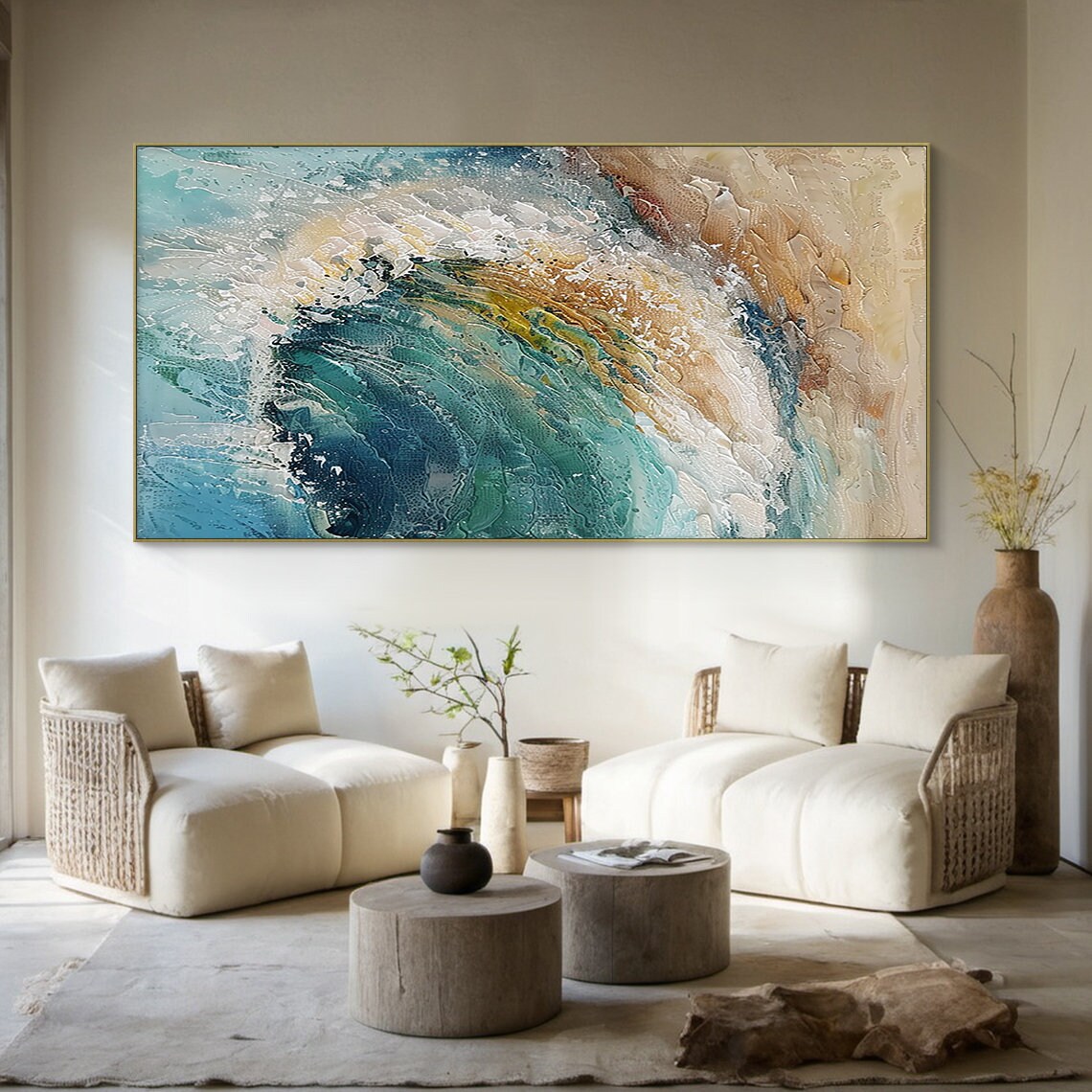 Teal Ocean Wave Painting Gold Sand Impasto Abstract Textured Wall Art - Image 3