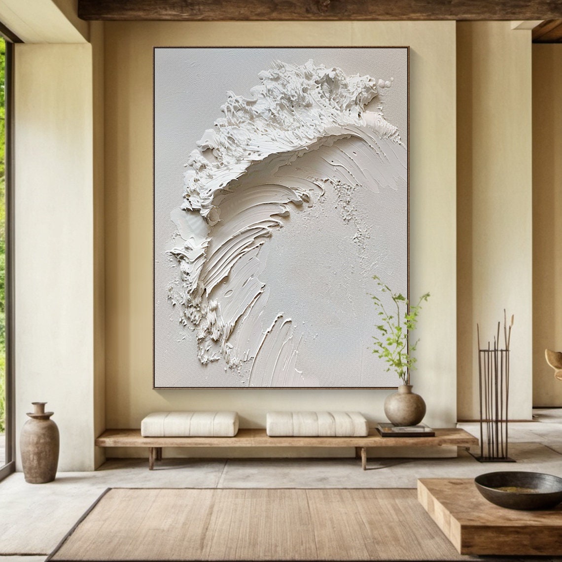 White 3D Ocean Wave Relief Sculptural Minimalist Textured Poster - Image 4