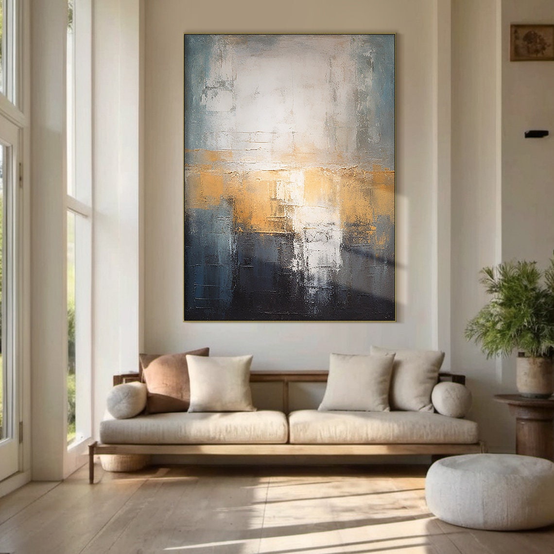 Gold Blue White Abstract Oil Painting Sunset Glow Vertical Wall Poster