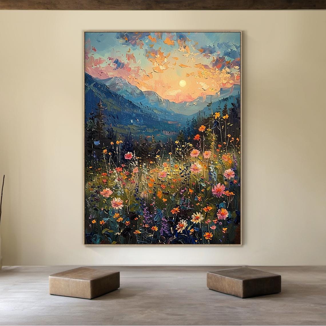 Sunset Mountain Wildflower Meadow Landscape Painting Floral Art Poster - Image 4