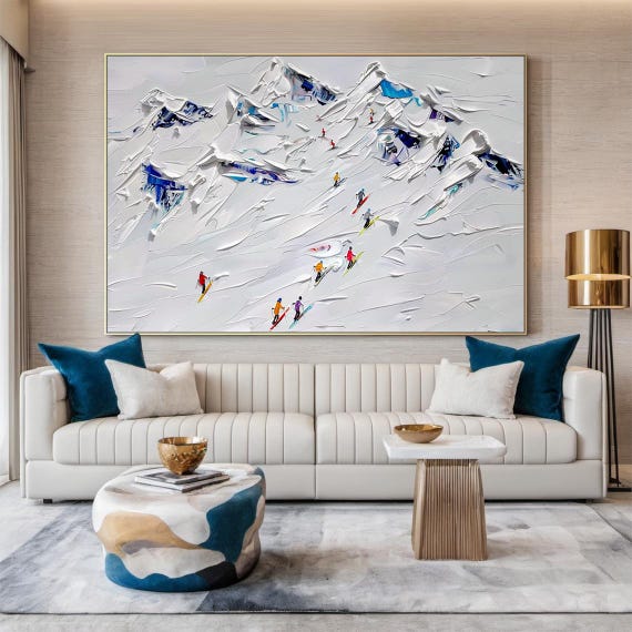 White Snow Mountain Ski Decoration Painting Original Skier Gift White Abstract Ski Art Modern Living Room Wall Decoration
