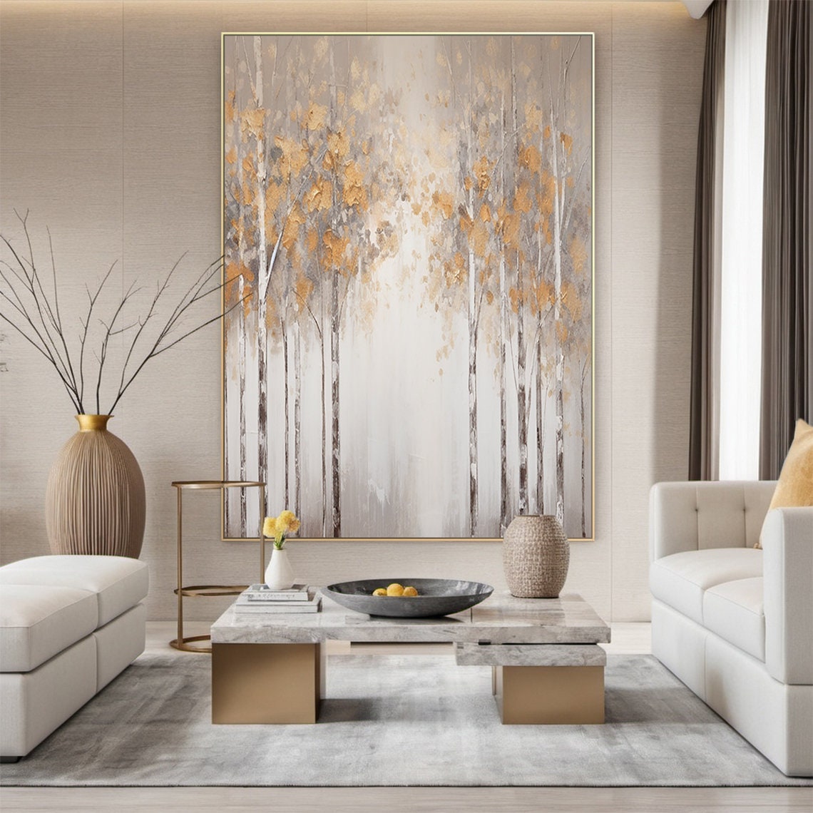 Golden Birch Forest White Bark Trees Beige Abstract Nature Poster - Image 2