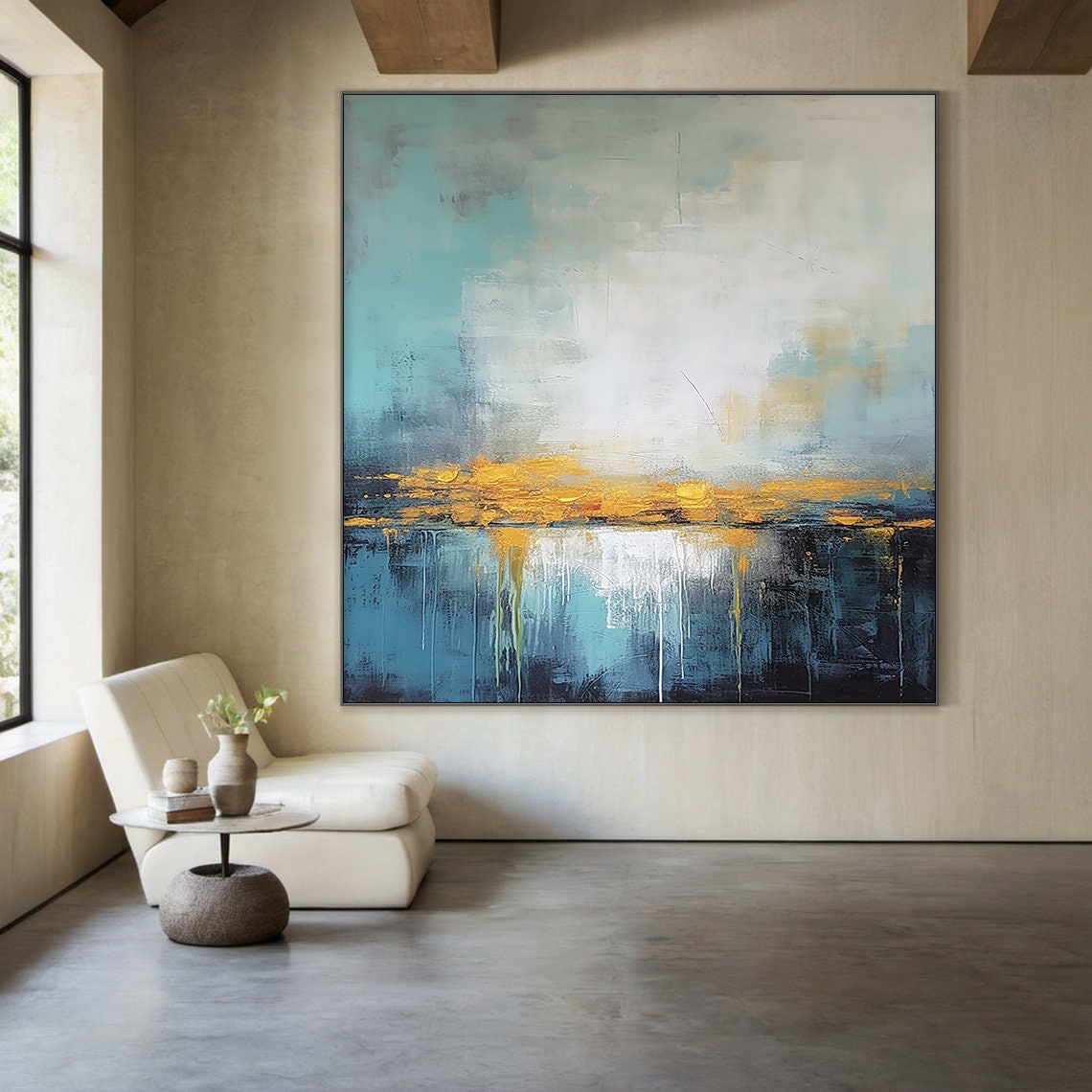 Teal White Gold Abstract Horizon Impasto Modern Coastal Luxe Wall Art - Image 5