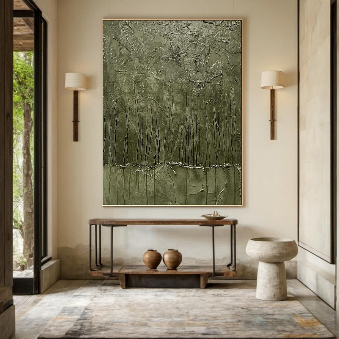 Olive Green Drip Texture Forest Rain Abstract Vertical Wall Art