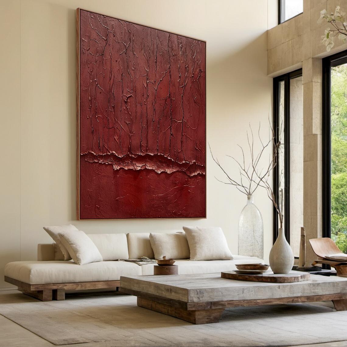 Wine Red Cracked Texture Abstract Impasto Moody Large Living Room Poster - Image 2