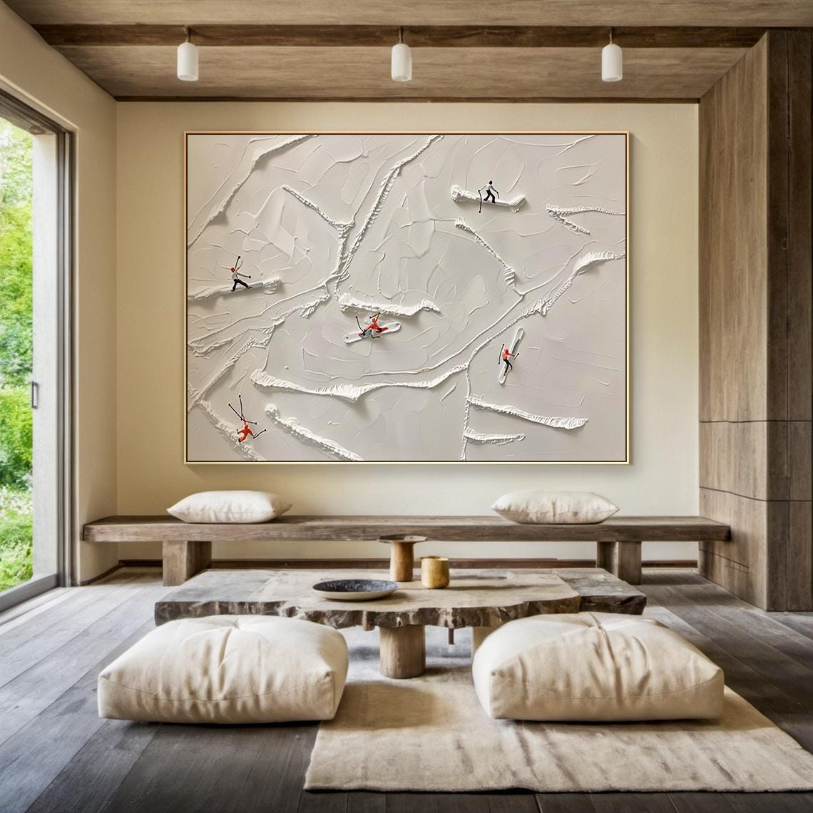 Original 3d Ski Sport Art Plaster Style Textured Wall Art Skier Gift Beige Snowboard Painting Modern Skier Landscape Painting - Image 6