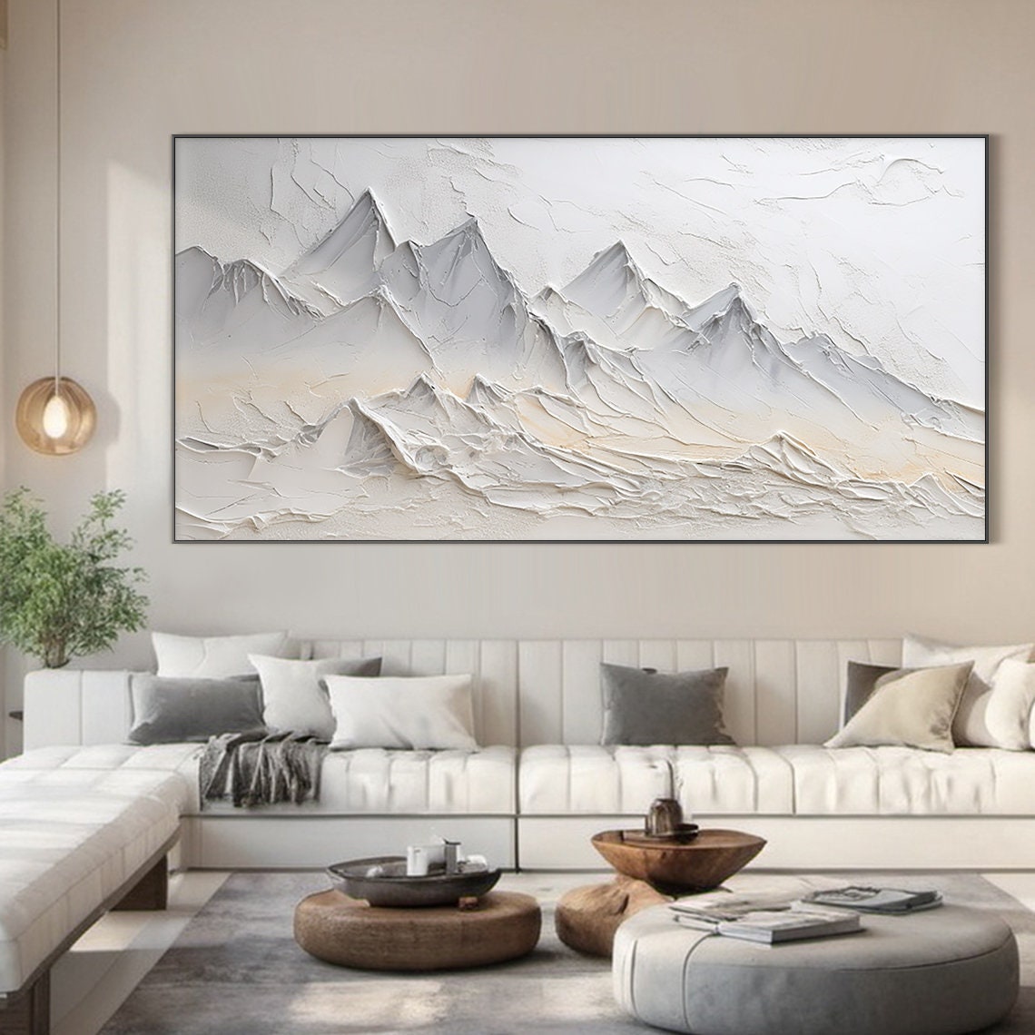 White Grey 3D Mountain Relief Warm Peach Glow Modern Serene Wall Art - Image 3