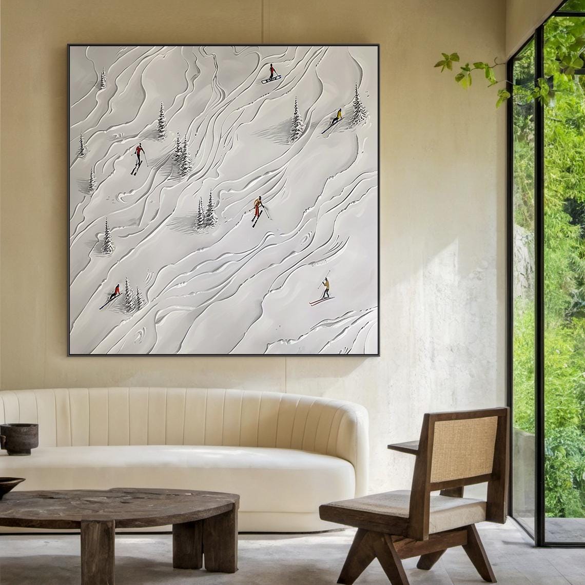 Light Grey Snow Slope Tiny Skiers Pine Trees Minimal Winter Wall Art - Image 3