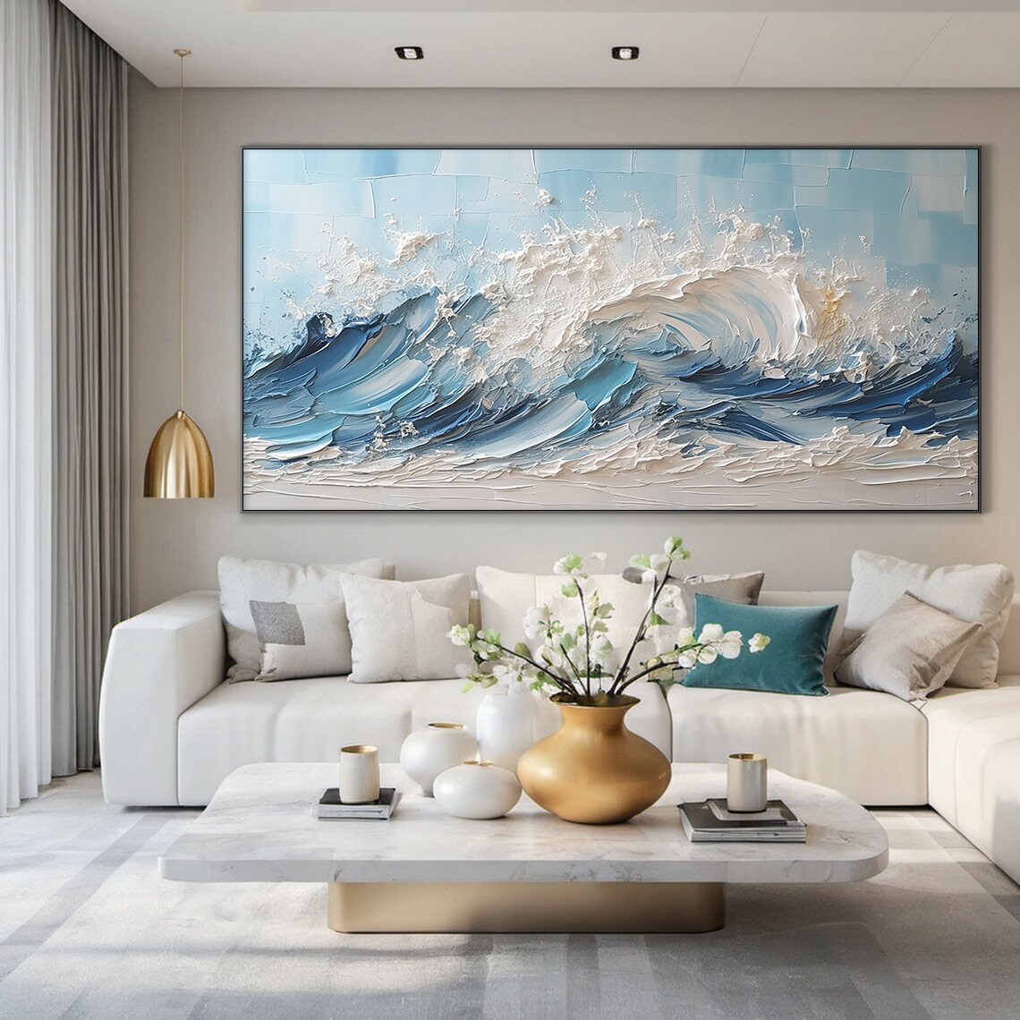 Crashing Blue Ocean Waves White Foam Impasto Abstract Art Poster - Image 5