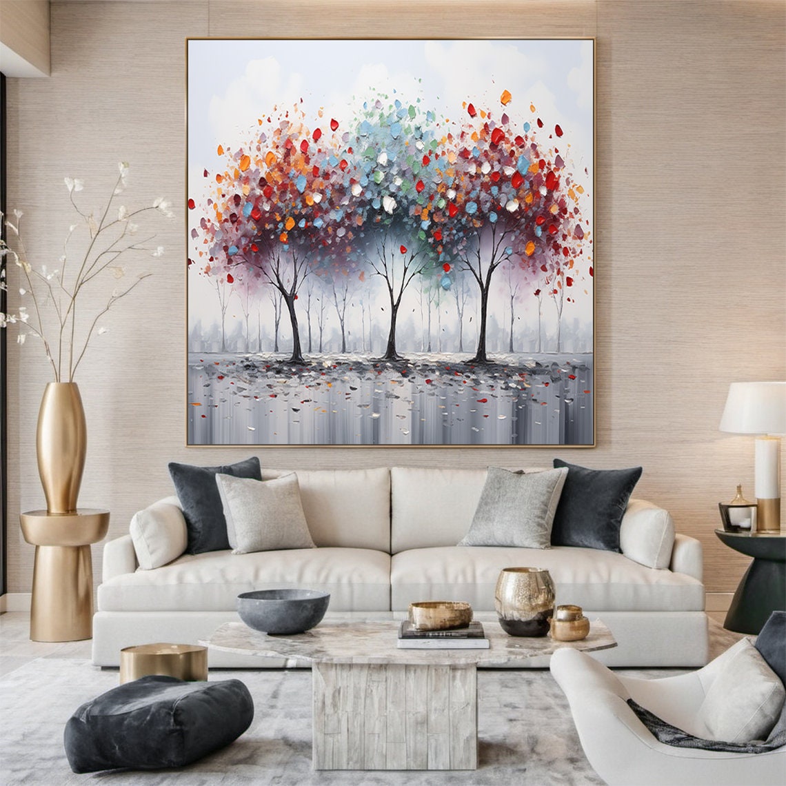 Colorful Palette Knife Flower Trees Red Blue Abstract Art Poster - Image 5