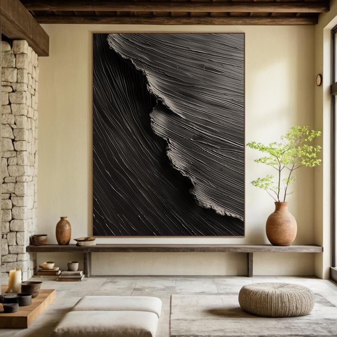 Black White Wave Textured Abstract Painting Dramatic Wall Art Poster - Image 2
