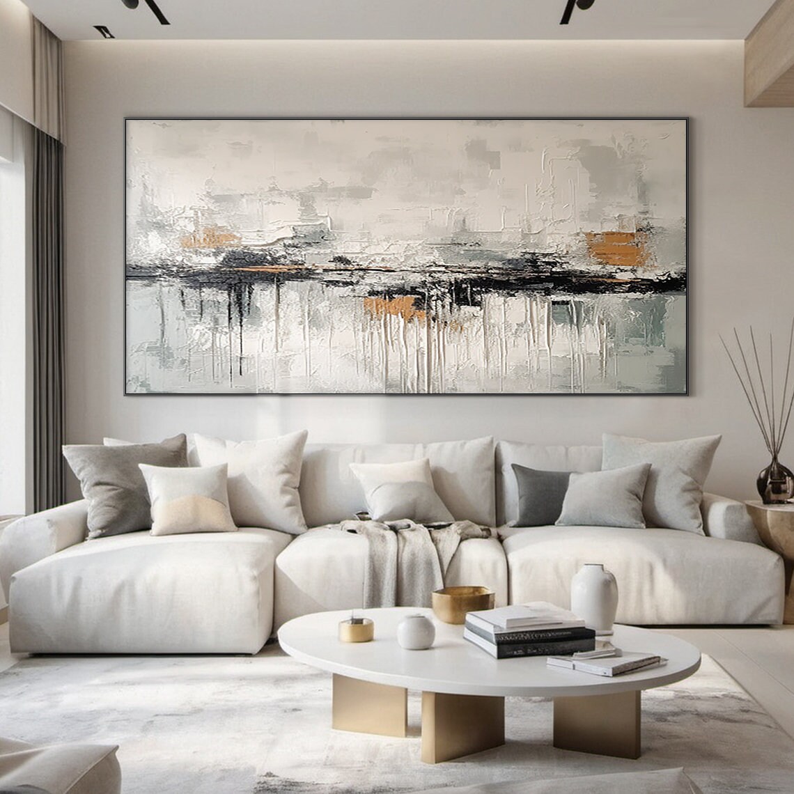 White And Grey Wabi Sabi Wall Decor Art White Abstract Art Large Black Textured Handmade Painting Modern Home Decor - Image 2