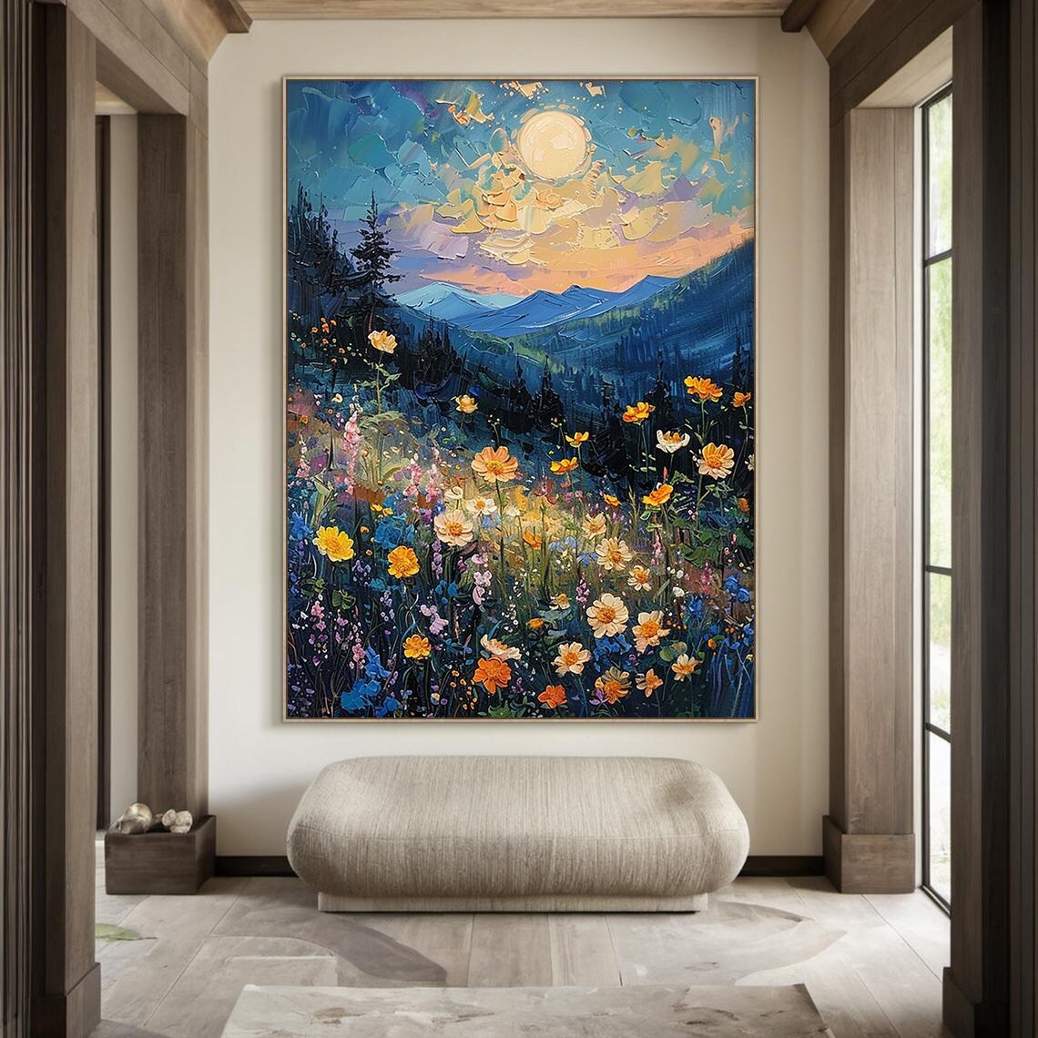 Sunlit Colorful Wildflower Meadow Blue Mountains Impasto Nature Poster - Image 4