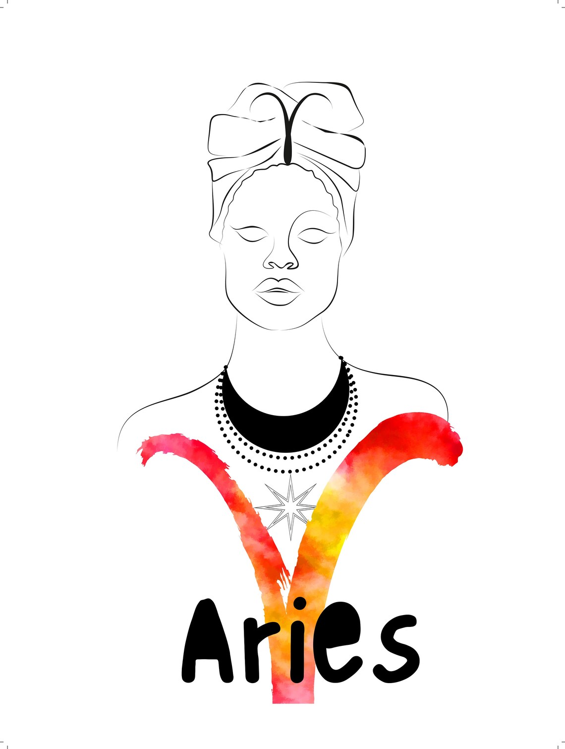 Aries Zodiac Line Art Woman Watercolor Ram Glyph Star Sign Poster - Image 2