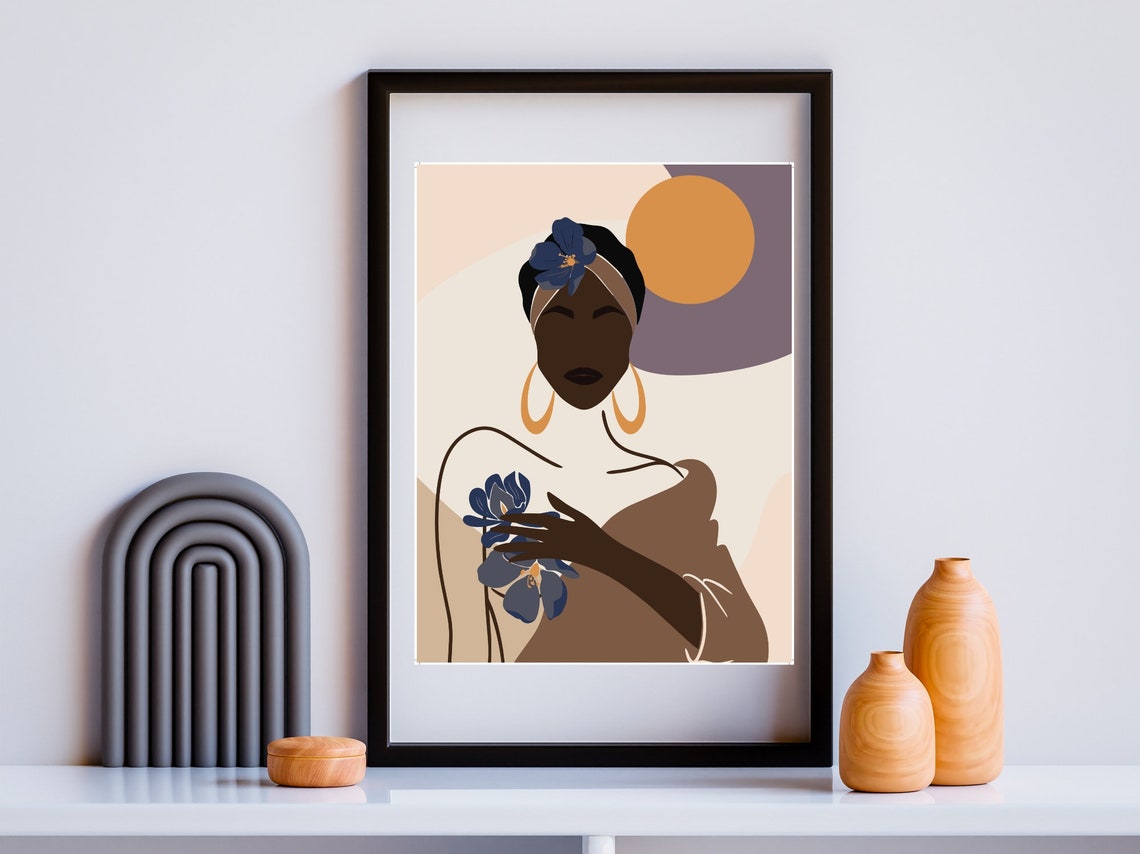 Boho Woman Headwrap Hoops Blue Flowers Sun Goddess Floral Art Print