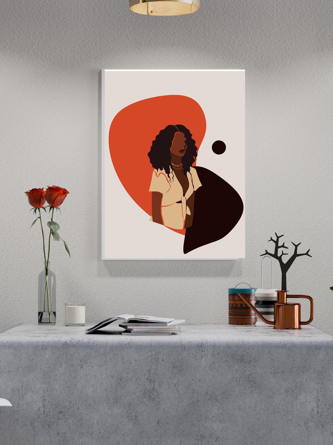 Curly Hair Woman Burnt Orange Boho Abstract Modern Art Poster - Image 3