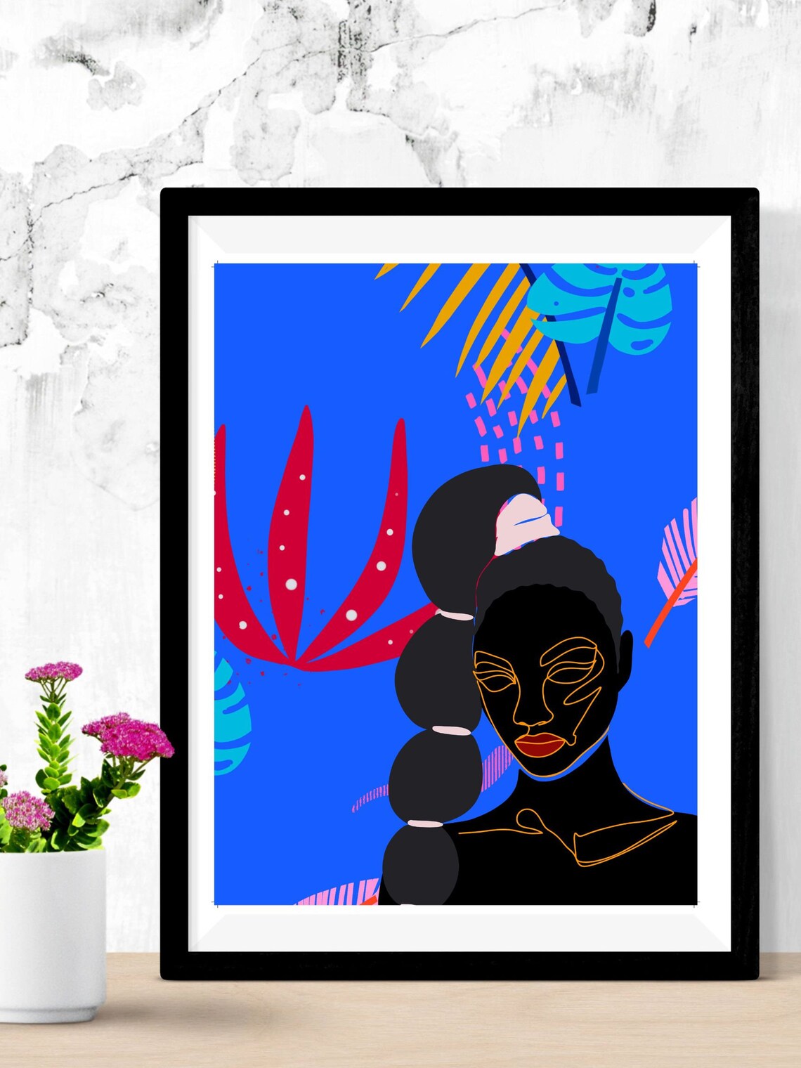 Tropical Woman Line Art Palm Leaves Blue Background Art Poster - Image 4