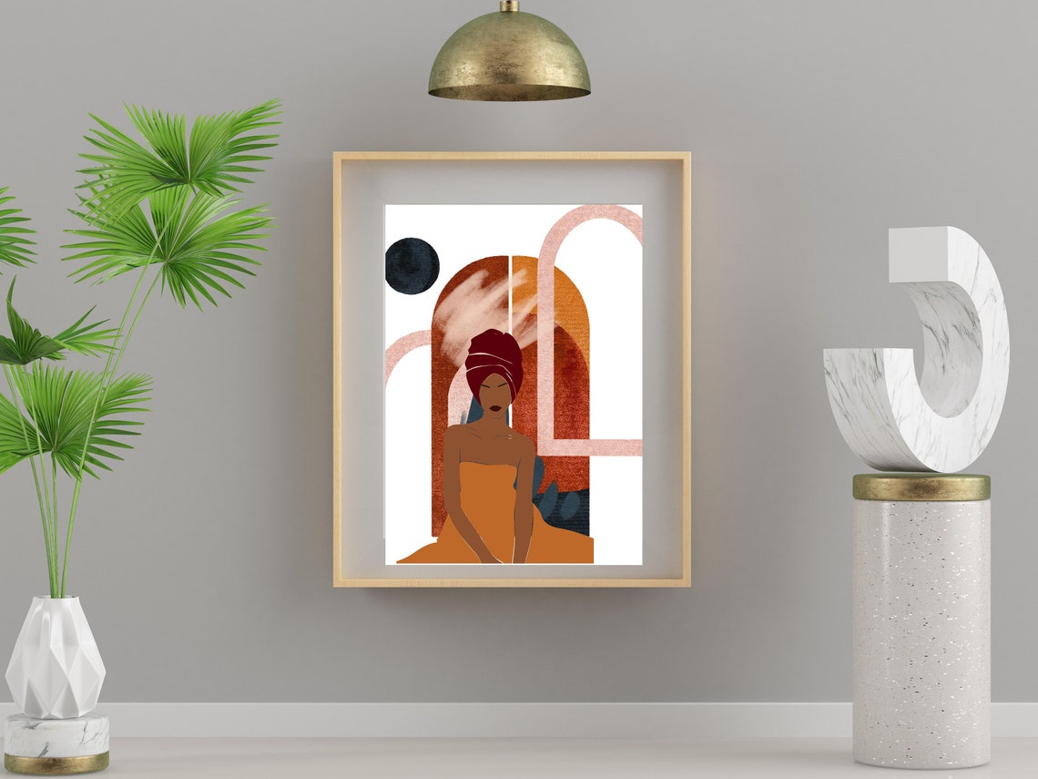 Red Headwrap Woman Sitting Arched Window Abstract Art Poster - Image 3