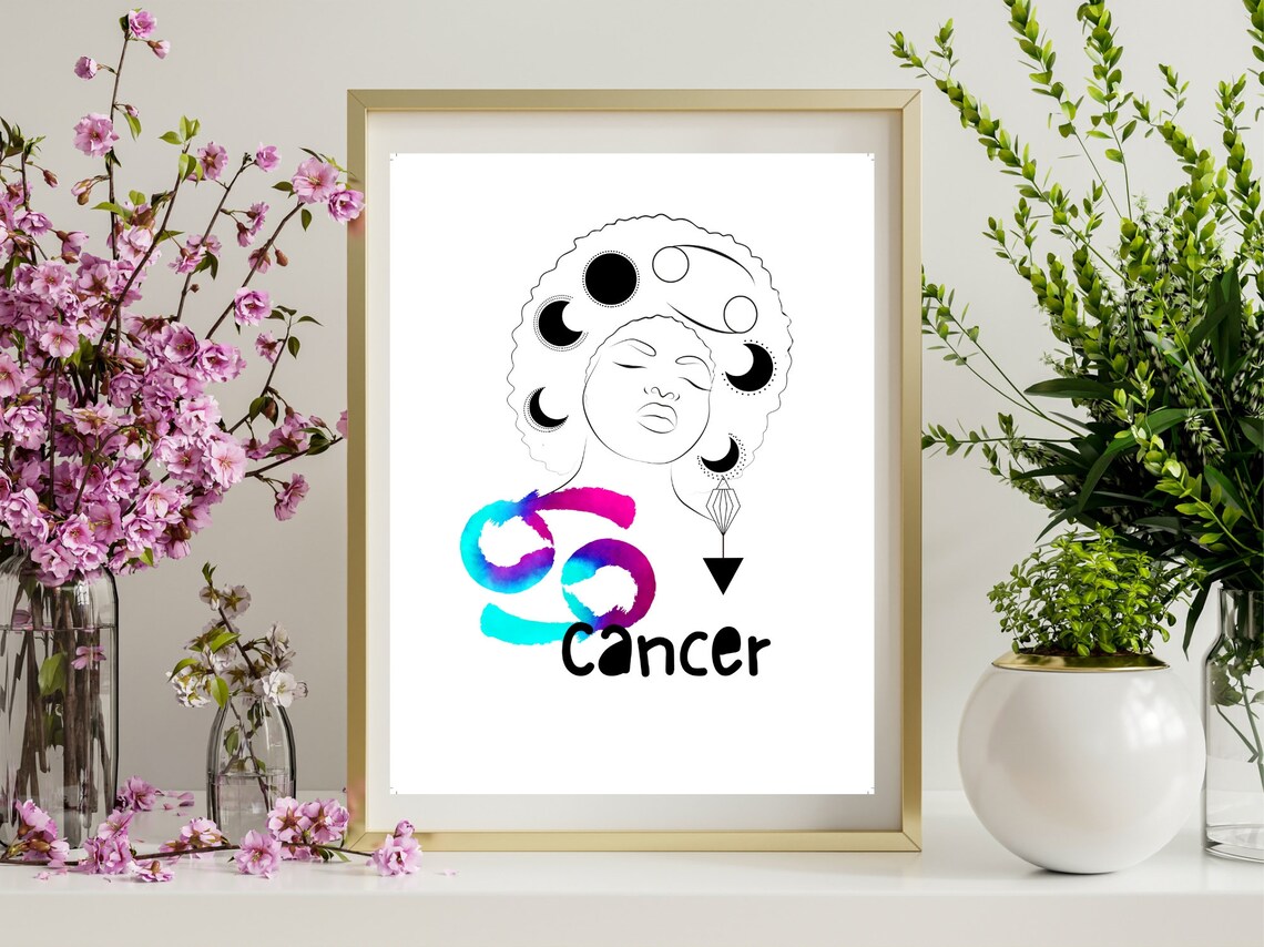 Cancer Zodiac Line Art Woman Moon Phases Watercolor Star Sign Poster - Image 3