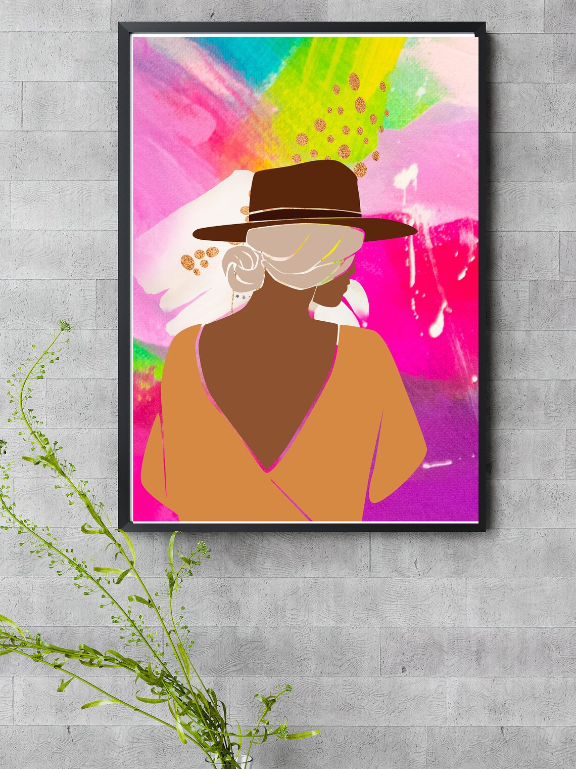Abstract Woman Fedora Hat Bold Neon Pop Colorful Portrait Print - Image 4