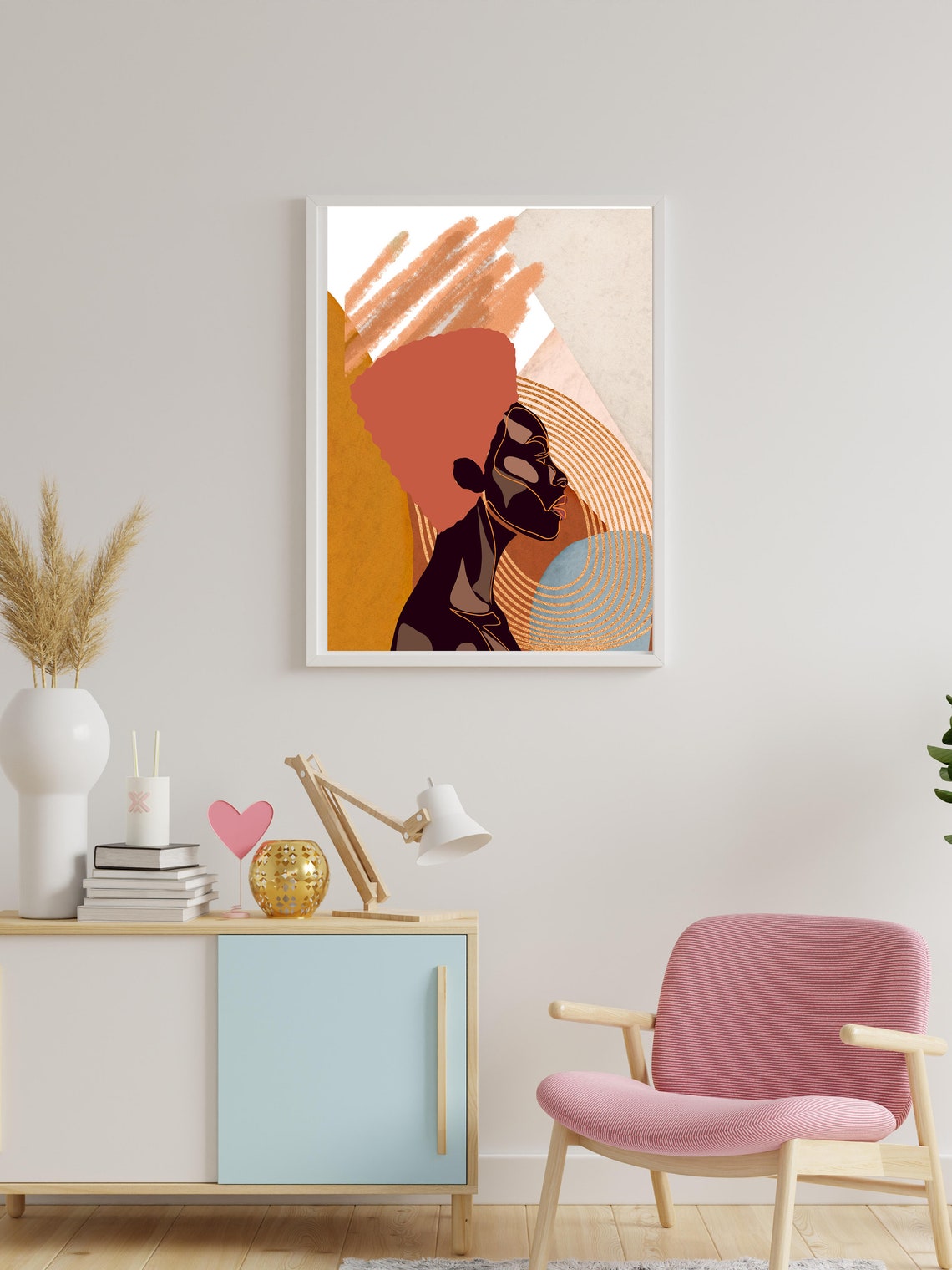 Queen Profile Woman Rust Afro Abstract Gold Circles Art Poster - Image 2