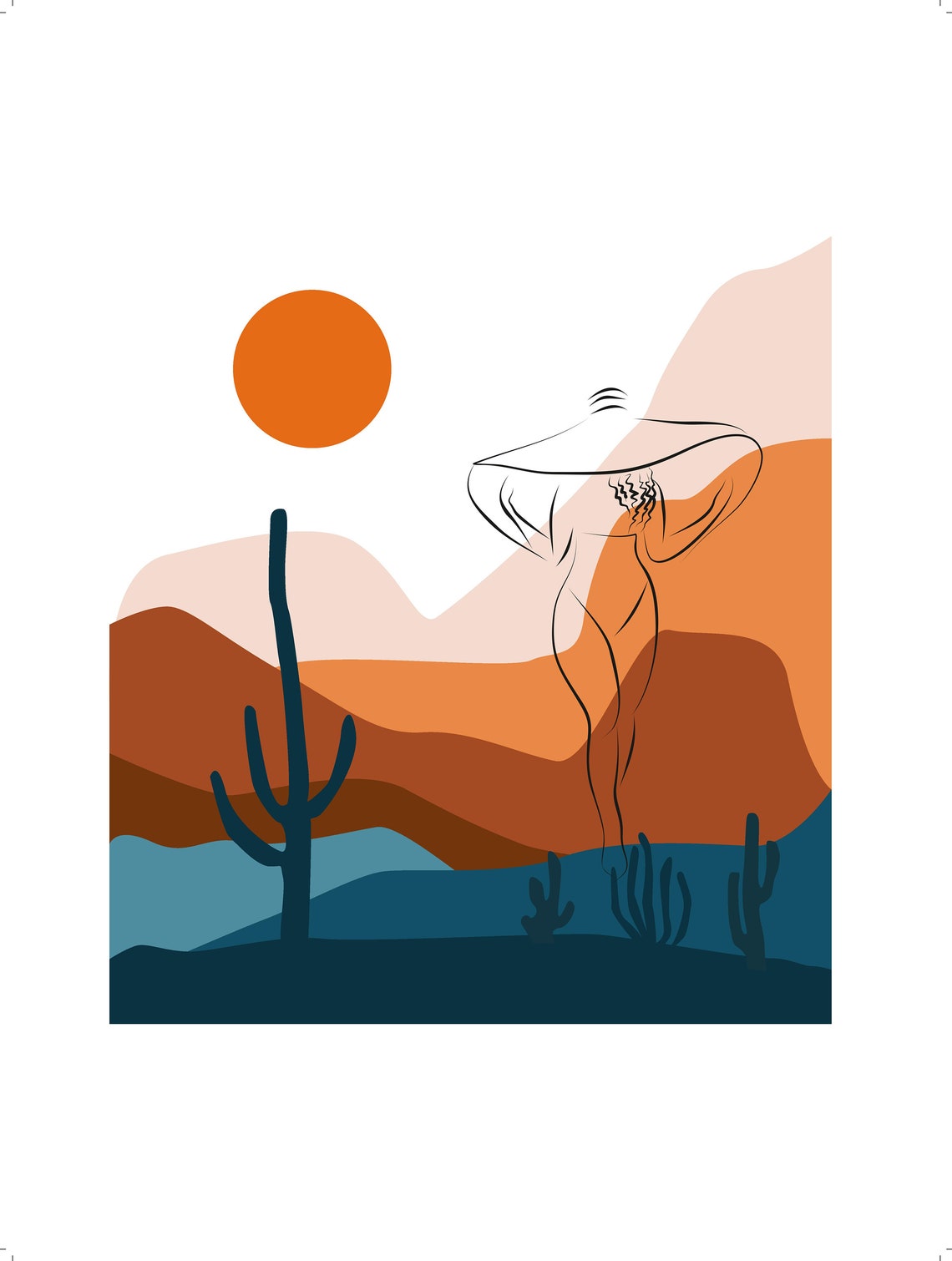 Desert Sunset Woman Line Art Cactus Modern Southwest Boho Poster - Image 2