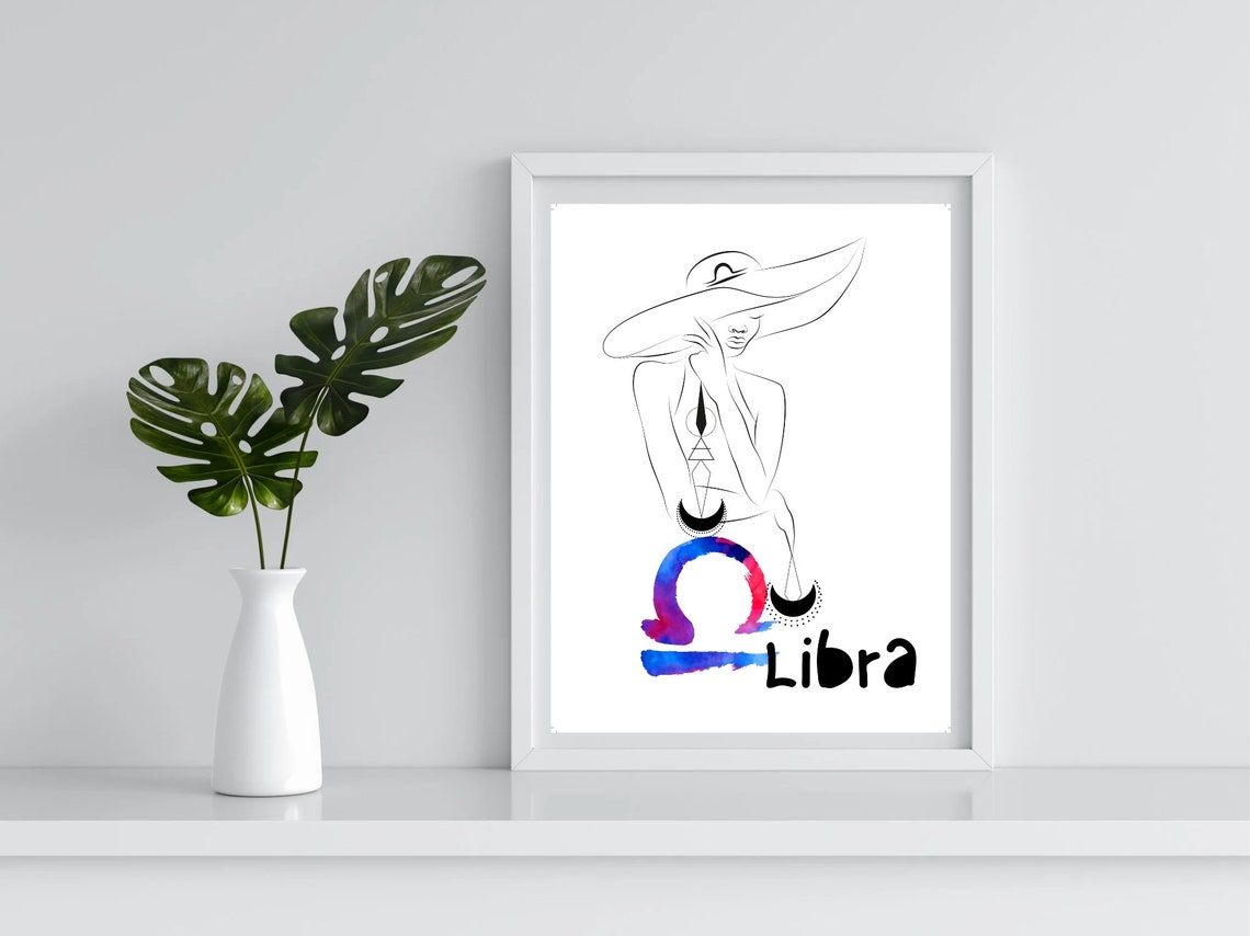 Libra Zodiac Line Art Woman Watercolor Scales Star Sign Poster - Image 4